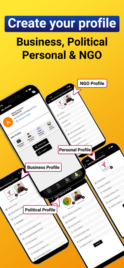 A mobile app screen showing options to create business political personal and NGO profiles for branding and marketing