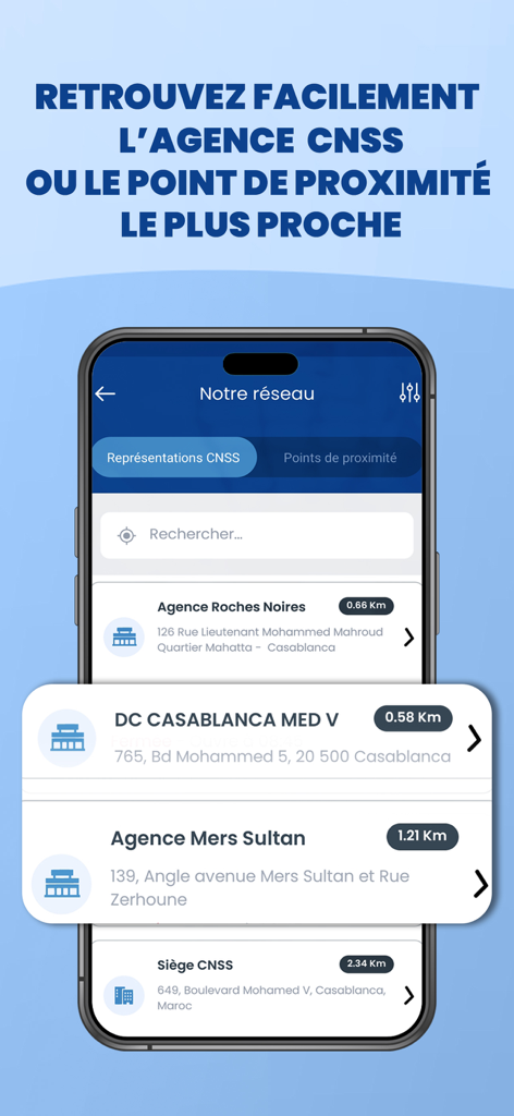Screenshot of the Ma CNSS app showing a list of social security office locations and their distances from the user.