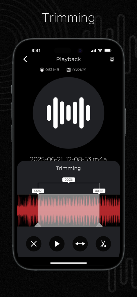 iPhone screen showing the trimming feature of the Audio Recorder and Voice Editor app