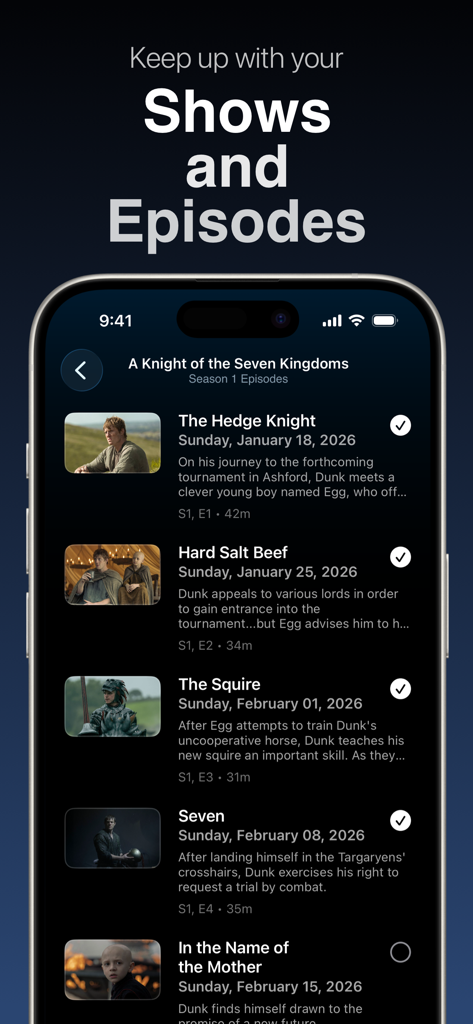 Binge: Movies and Shows - Pantalla de la aplicación Binge que muestra una lista de episodios de series de televisión con descripciones y casillas de verificación de estado de visto.