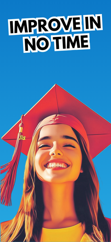 A smiling student wearing a red graduation cap with the text improve in no time