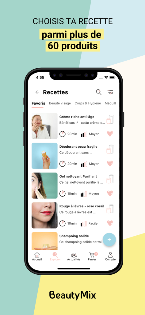 BeautyMix - A list of homemade cosmetic recipes in the BeautyMix app including anti aging cream and lipstick