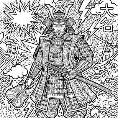 Step into a world where ancient samurai valor meets vibrant Pop Art energy with this unique coloring template. This intricate design offers adults a captivating journey of creativity and relaxation.