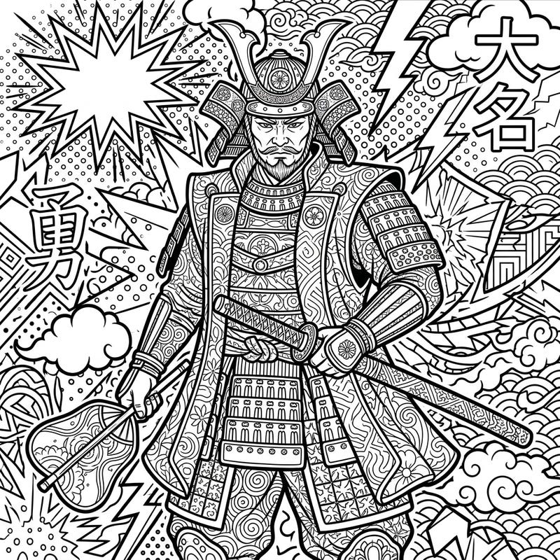 Step into a world where ancient samurai valor meets vibrant Pop Art energy with this unique coloring template. This intricate design offers adults a captivating journey of creativity and relaxation.