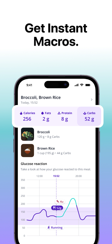 SNAQ app screen displaying instant nutritional macros and a glucose reaction graph for a meal