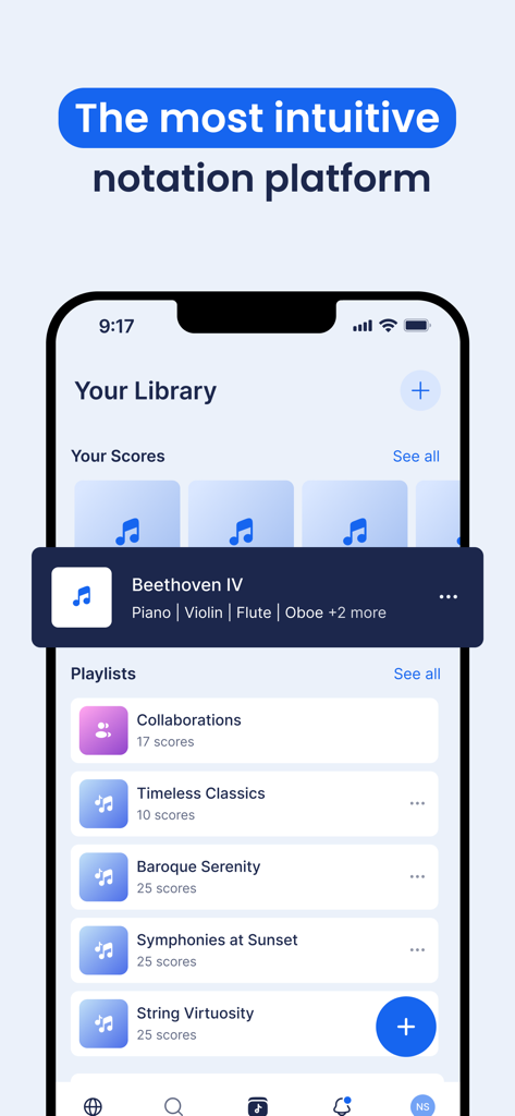 Flat: Music Score & Tab Editor - Bibliotheksbildschirm der Flat Notensatz-App, der Partituren und Playlists zeigt