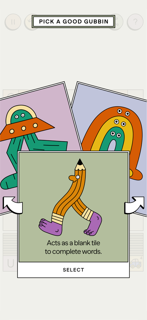 GUBBINS — It's a word game - Quirky character card selection screen in the Gubbins word game showing a pencil character that acts as a blank tile modifier