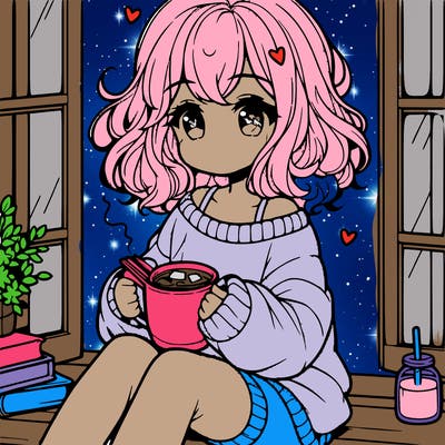 cute anime girl reading book and drinking hot chocolate from mug with loose wavy hair wearing a baggy sweatshirt and shorts sitting by windowsill looking out