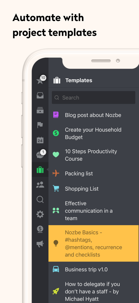 Nozbe Classic - Nozbe Classic app showing a list of project templates for task automation