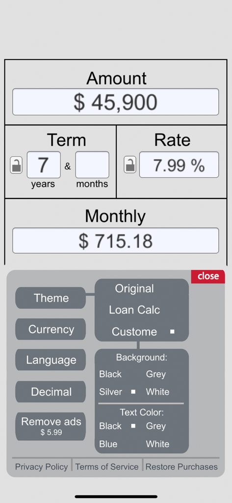 Loan Calculator $ - A screenshot of the Loan Calculator app interface showing a monthly payment calculation and a customization menu for themes and languages