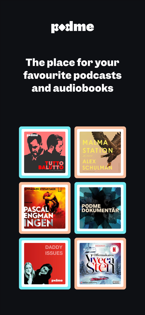 Podme - Podcasts & Audiobooks - Podme app interface showcasing a selection of popular podcast and audiobook covers on a dark background.