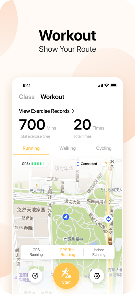 Da Fit - Uma captura de ecrã da aplicação Da Fit mostrando registos de treino e um mapa de rota GPS para corrida.