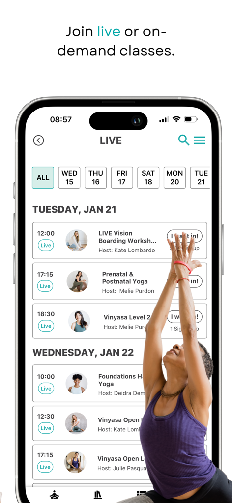 YogaRenew | Yoga At Home - Smartphone screen showing the live yoga class schedule for YogaRenew app