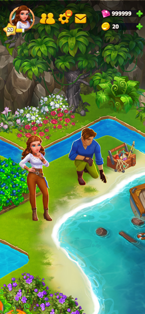 Island Hoppers: Adventure Farm - Los personajes Emily y un compañero explorando la costa de una exuberante isla tropical en el juego Island Hoppers.