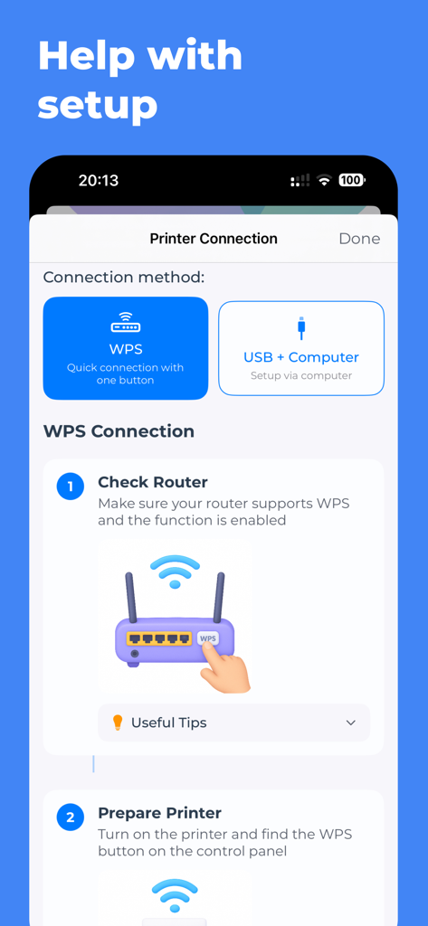 AirPrinterSmart - print app - Step by step instructions for connecting a wireless printer via WPS in the AirPrinterSmart mobile app