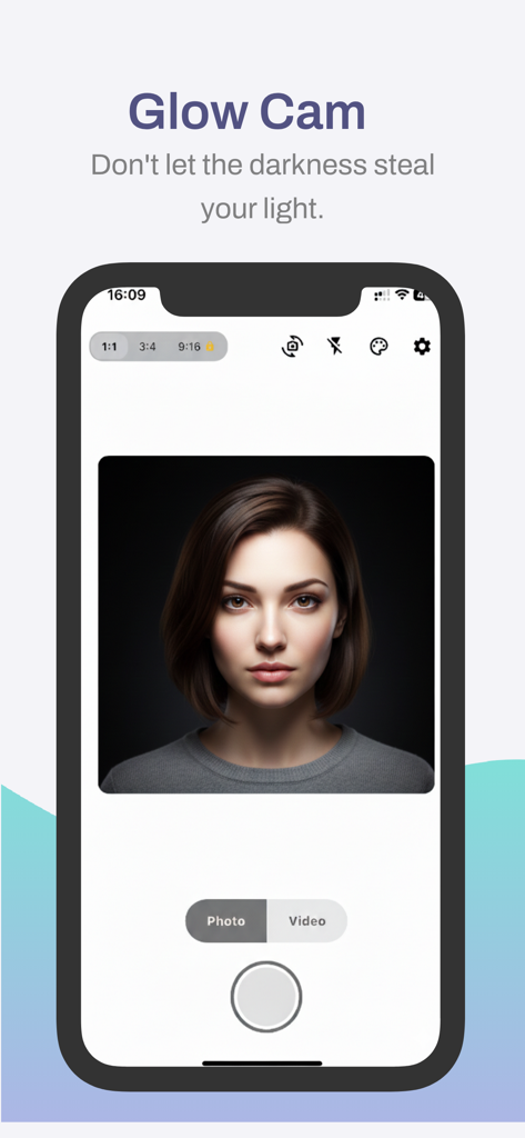 Glow Cam app interface featuring a front-facing camera view for high-quality low-light selfies.