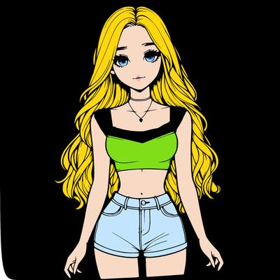 a realistic girl with long hair and in a crop top and shprts