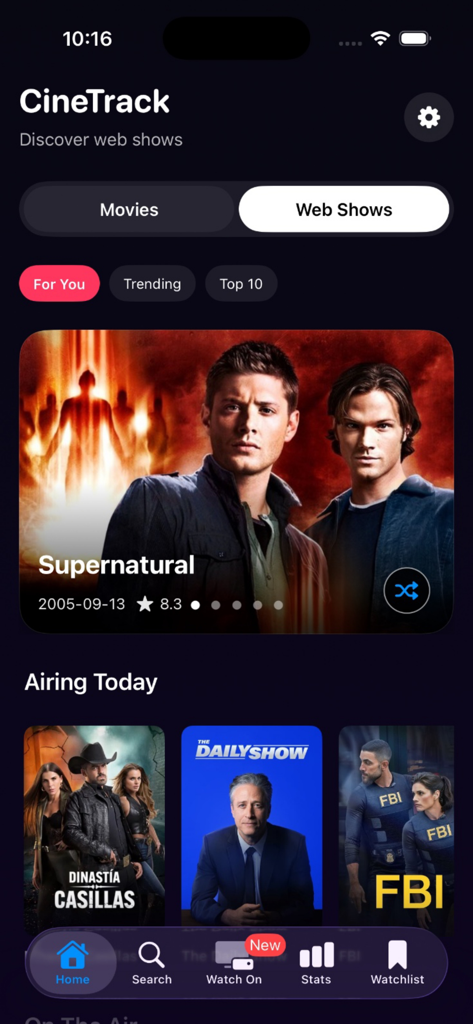 CineTrack movie and TV show discovery app home screen showing trending web shows in dark mode UI