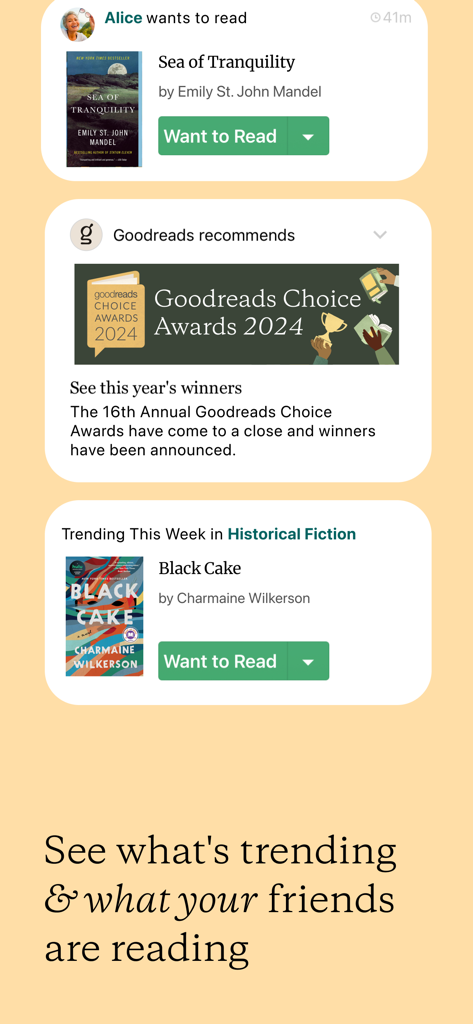 Goodreads: Book Reviews - Goodreads app interface showing friend updates, the 2024 Choice Awards, and trending books in historical fiction.