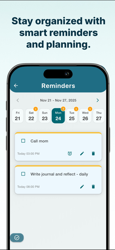 The Memozy app reminders screen showing a weekly calendar and daily task list