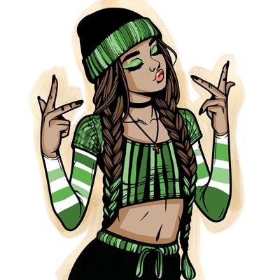 realistic teenage girl with braids and a beanie and crop top doing 🫶🏼