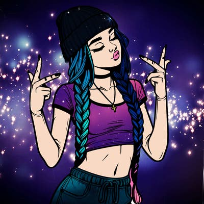 realistic teenage girl with braids and a beanie and crop top doing 🫶🏼