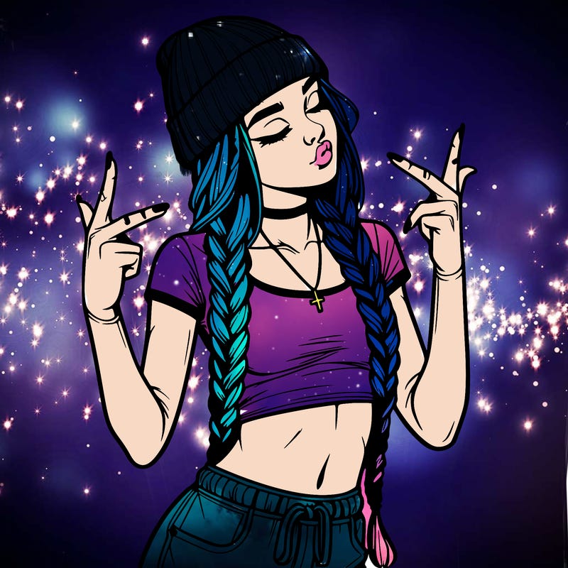 realistic teenage girl with braids and a beanie and crop top doing 🫶🏼