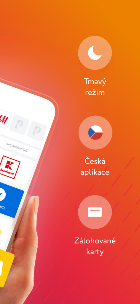Portmonka - věrnostní karty - スマートフォン上のPortmonkaアプリのインターフェース。ダークモード、ポイントカードのバックアップ、チェコ独自の機能などが強調されている。