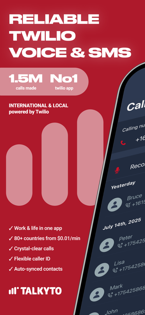 Talkyto app interface for Twilio calls and SMS showing call logs and service features