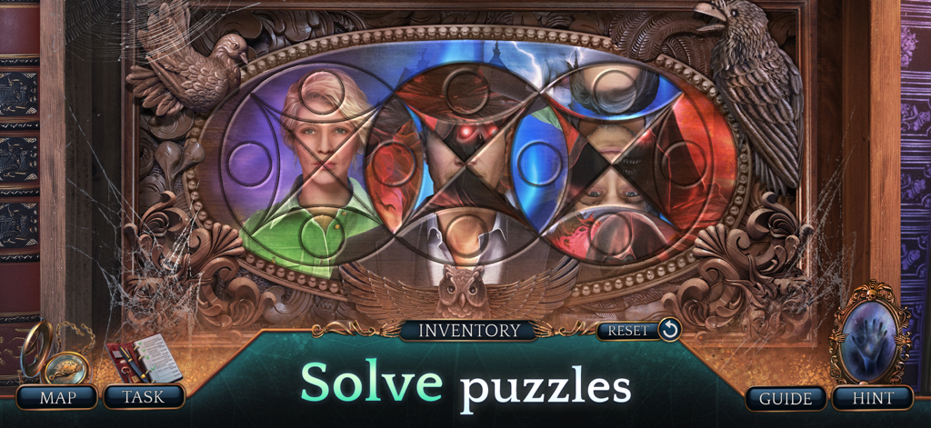 Haunting Novel 1: Hidden Hotel - ミステリーゲームHaunting Novel 1 Hidden Hotelの円形のキャラクターポートレートパズルインターフェース