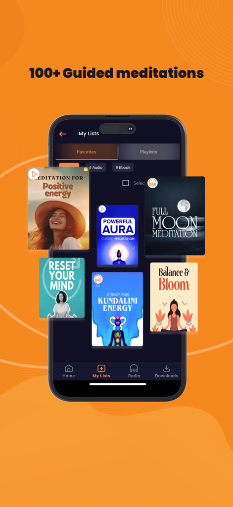 Art of Living: Meditation,Yoga - Un smartphone mostrando una colección de más de 100 meditaciones guiadas dentro de la aplicación El Arte de Vivir, incluyendo temas como energía positiva y energía kundalini.