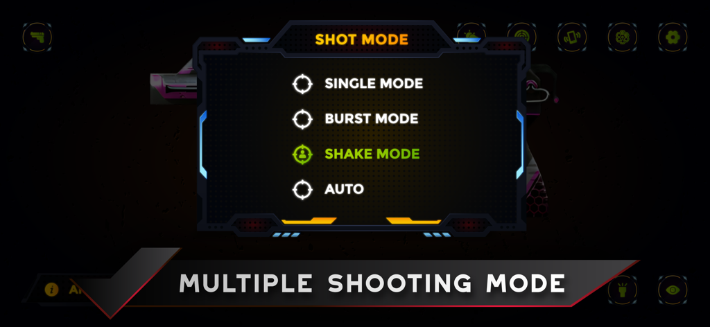 Real Gun Sounds Simulator. - Menú de la aplicación Simulador de Sonidos de Armas Reales que muestra modos de disparo de ráfaga única, agitar y automático