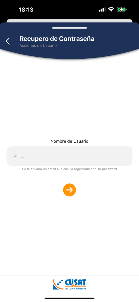 Cusat View - Pantalla de recuperación de contraseña para la aplicación de rastreo de activos Cusat View que muestra el campo de entrada de nombre de usuario.