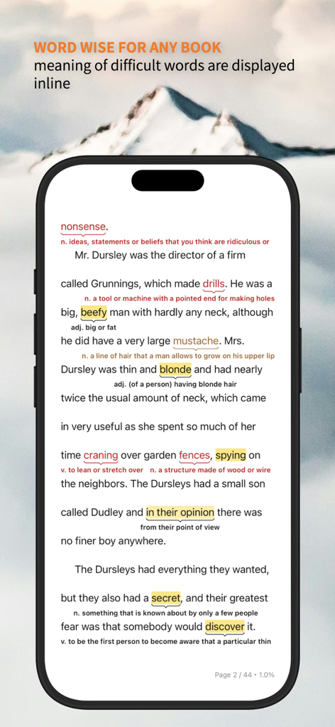 Ein Screenshot der TingYue-App, der eine Buchseite mit der Word Wise-Funktion zeigt, die Inline-Definitionen für schwierige Vokabeln liefert