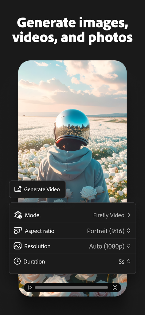 Adobe Firefly: AI Generator - Interfaz de la aplicación Adobe Firefly que muestra ajustes de generación de vídeo con IA como la relación de aspecto y la resolución sobre una imagen cinematográfica