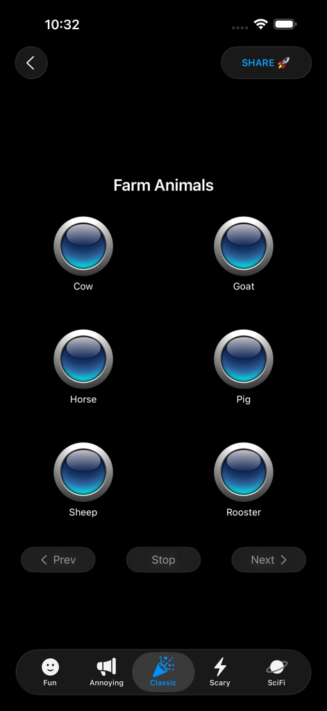 Sound Effects Boards Pro - Interface of the Sound Effects Boards Pro app displaying the farm animals soundboard category with blue buttons for various animal sounds