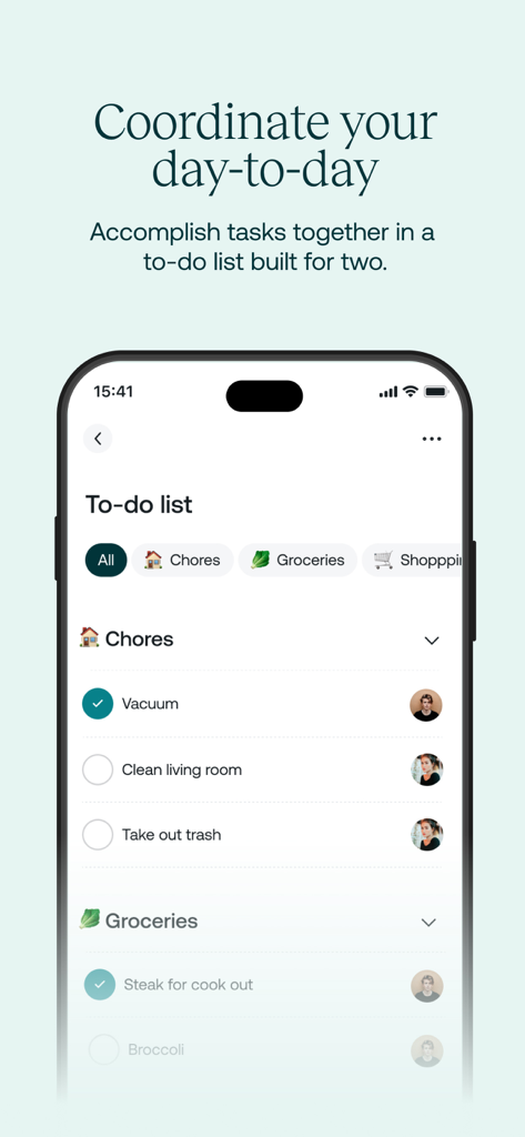 A shared to-do list interface in the Tandem app showing household chores and grocery tasks for couples.