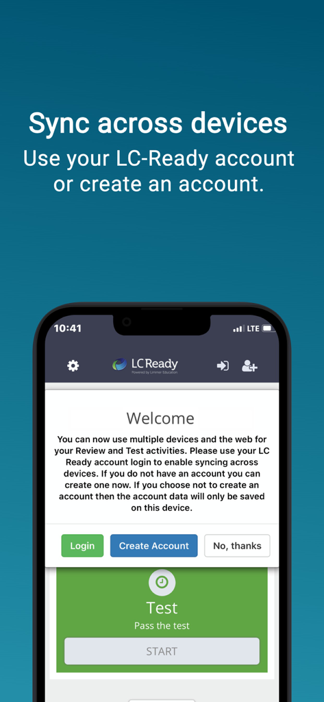 EMT PASS (new) - A mobile screen showing the EMT PASS app synchronization feature with options to log in or create an LC-Ready account.
