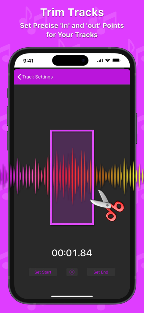 Soundboard Studio - Interface of Soundboard Studio app showing the audio trimming feature with waveform visualization and precise start and end points.