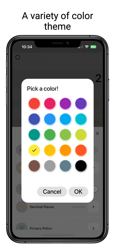 Easy Calculator with History - Aplicación Calculadora Fácil con Historial que muestra un menú de selección de colores para temas de interfaz de usuario personalizados