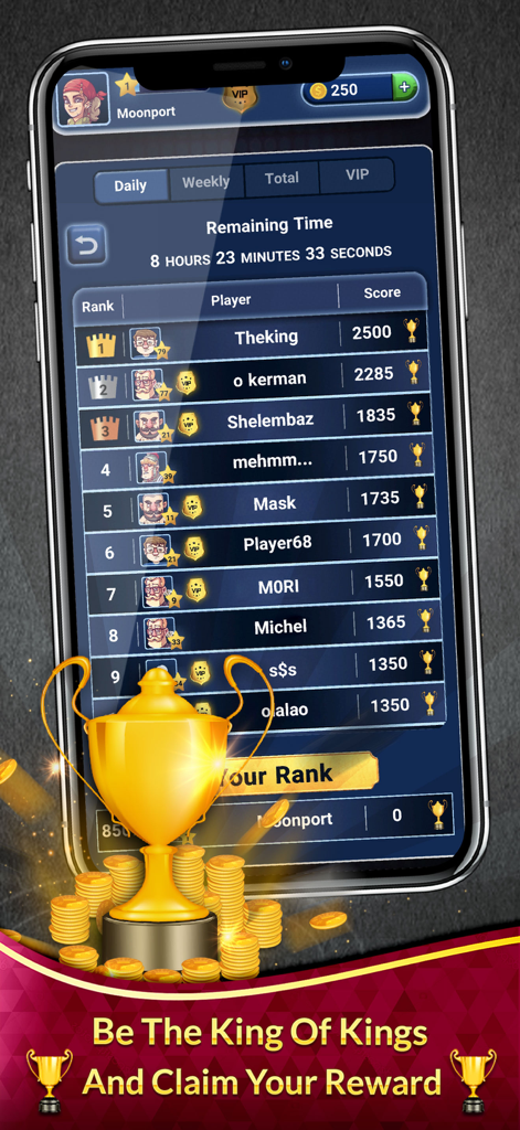 Shelem شلم آنلاین : بازی پاسور - Leaderboard screen of Shelem online card game showing player rankings and a golden trophy reward