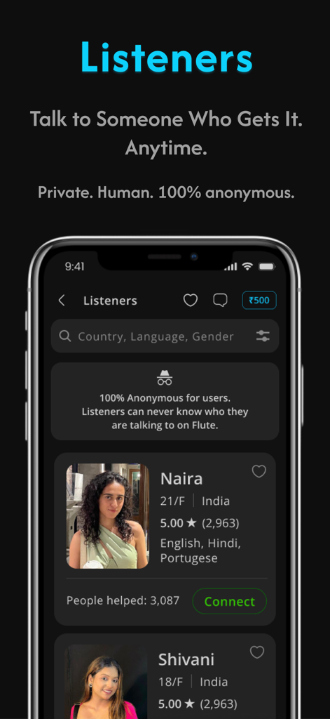 Flute - Love & Life Companion - Interfaccia dell'app Flute che mostra profili di ascoltatori anonimi per supporto emotivo privato