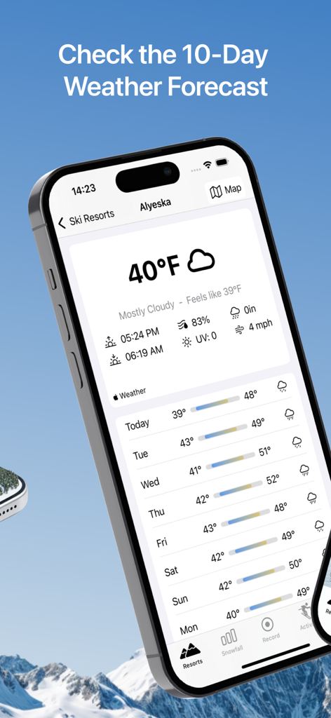 Ski Slopes Maps NEU - Ein Smartphone, das die 10-Tage-Wettervorhersage für das Alyeska-Resort in der Ski Slopes Maps NEU App anzeigt