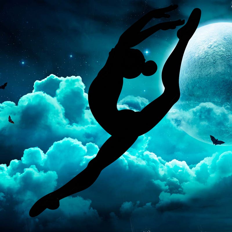 gymnast doing a leap in a leotard with a bent back leg