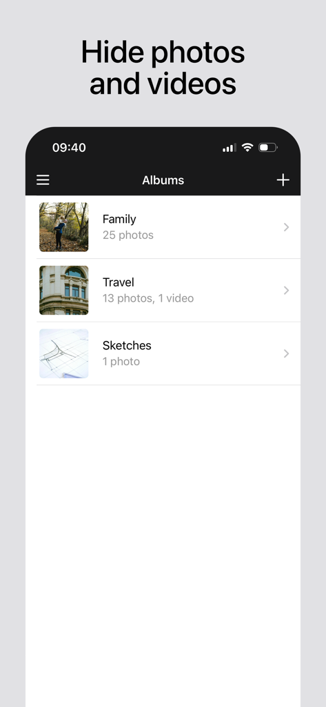 Private Vault – Store Files - Private Vault app screen displaying hidden photo and video albums