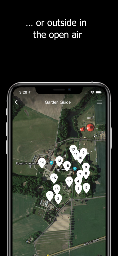 Useeum - Screenshot of the Useeum app showing an interactive satellite map with numbered pins for an outdoor garden tour