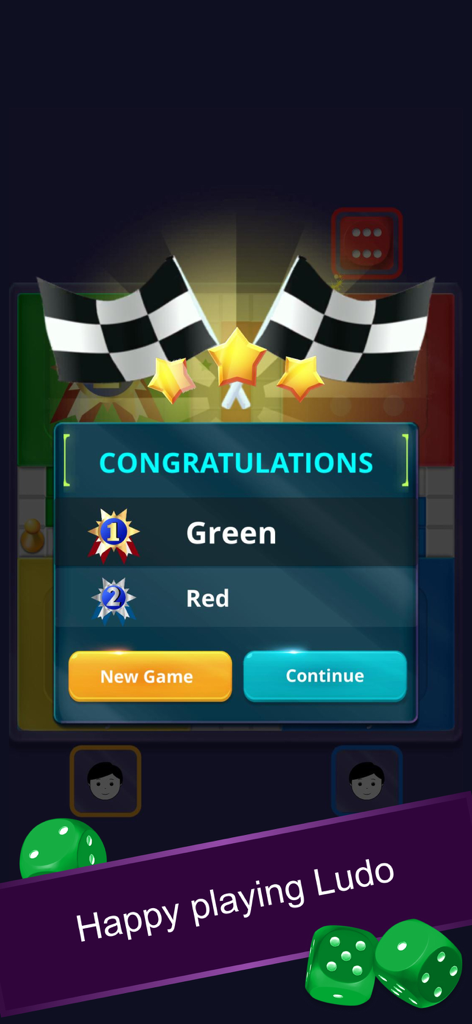 A Ludo game victory screen showing first and second place rankings with checkered flags and stars