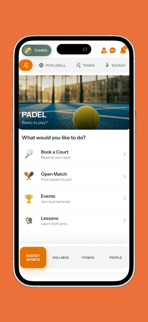 Interface do aplicativo Sterling Sport and Wellness mostrando opções para reservar uma quadra ou participar de uma partida aberta para esportes de raquete
