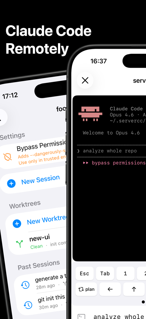 ServerCC app interface showing remote Claude Code terminal and session management on mobile.
