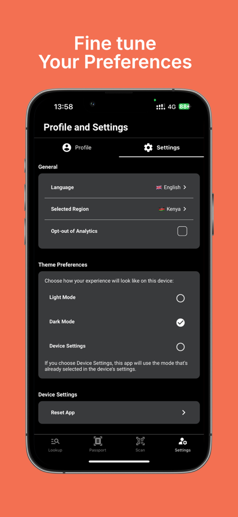 Der Profil- und Einstellungsbildschirm der tValidator App, der die Sprachauswahl, Regionseinstellungen und Themeneinstellungen anzeigt.